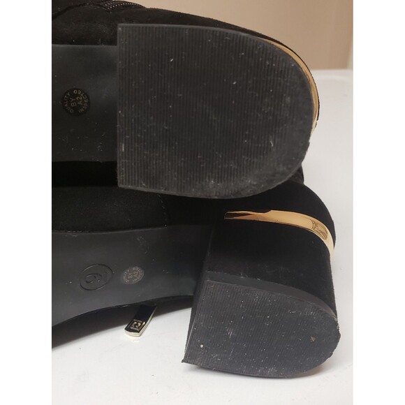 Liz Claiborne Black Faux Suede Lace-Up Ankle Boots Gold Hardware Size 9 PO Good - Picture 3 of 15